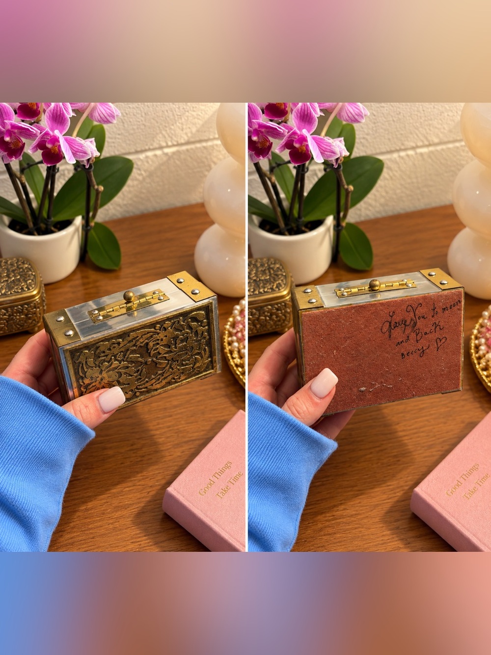 Vintage Mixed Metals Jewelry Box with Burgundy Velvet Interior & Mirror